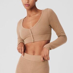 Alo Yoga AloLux Me Time Cropped Cardigan & High Waist Shorts Toasted Almond Sz S